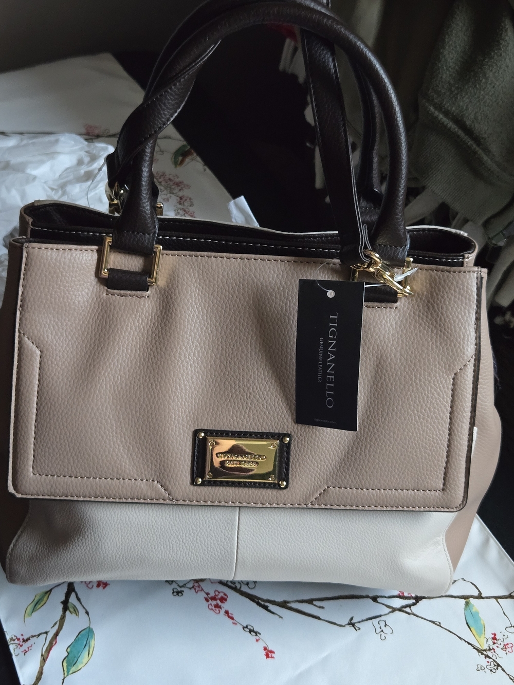Tignanello Leather Two-Tone Beige, Cream & Brown Satchel with Gold Hardware